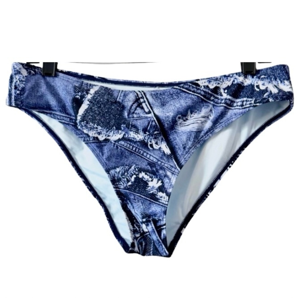 Denim Print Bikini Bottoms,“Distressed-Look” Swim Suit Bottoms